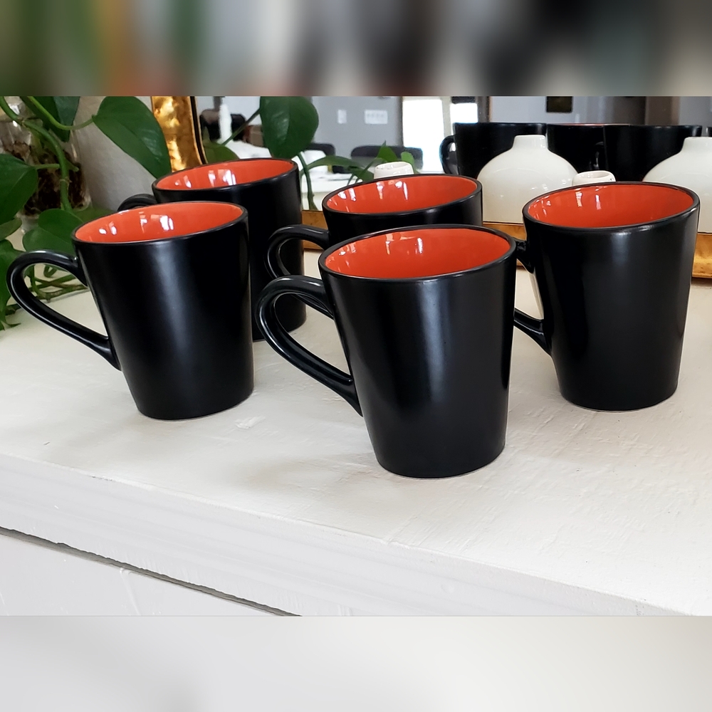Pier 1, Set of 5, Ebony Rim Coral Colorblock Stoneware Coffee Cups, 14oz, EUC